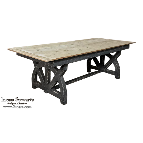 Antique Rustic Country French Pine Wagon Wheel Trestle Table