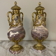 Pair 19th Century French Louis XVI Marble & Bronze D'Or Cassolettes