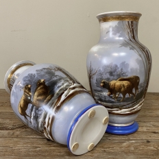 Pair Antique Hand-Painted Opaline Vases