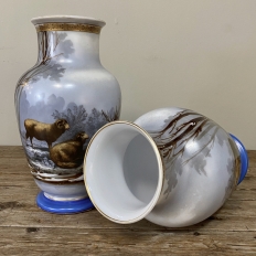 Pair Antique Hand-Painted Opaline Vases