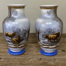 Pair Antique Hand-Painted Opaline Vases