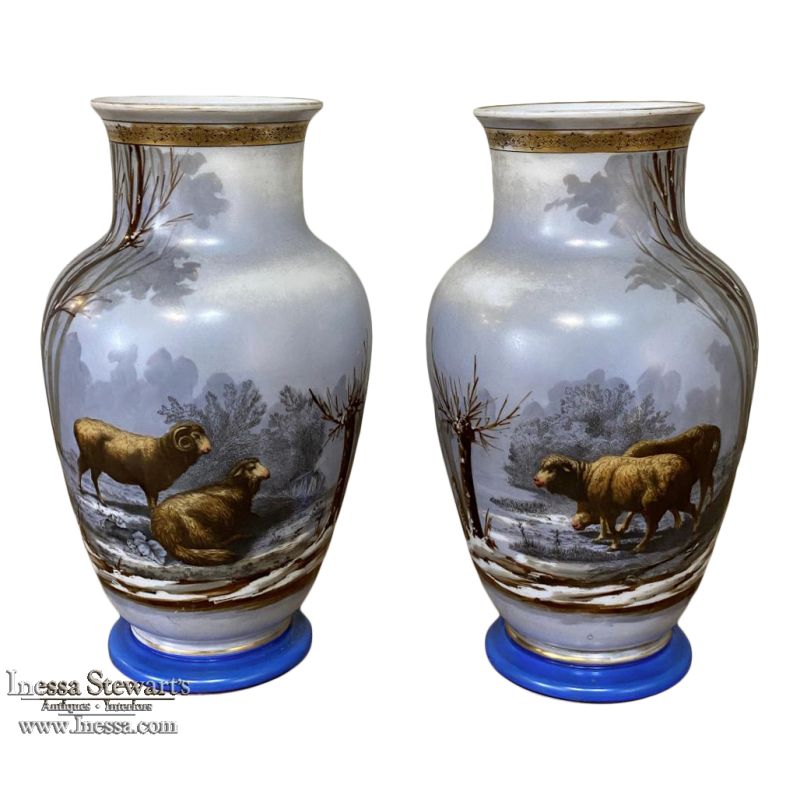 Pair Antique Hand-Painted Opaline Vases
