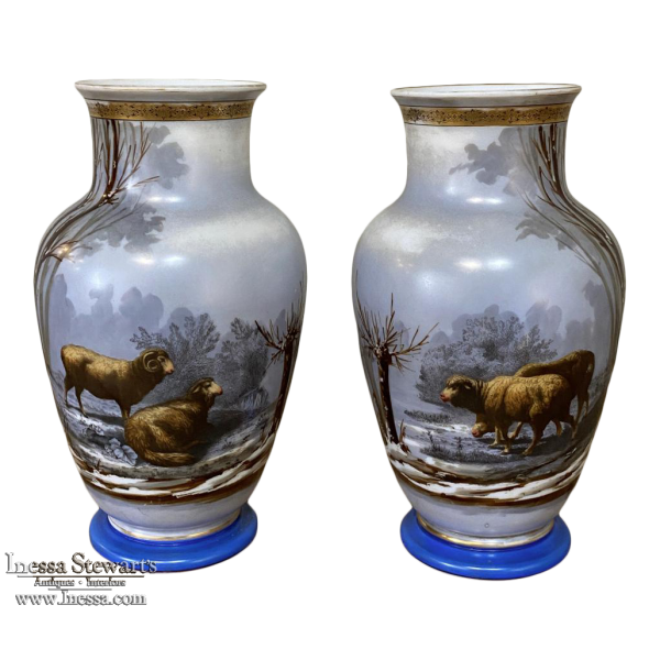 Pair Antique Hand-Painted Opaline Vases