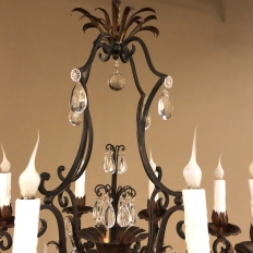 Antique Country French Wrought Iron & Crystal Chandelier