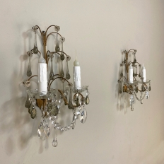 Pair Antique Italian Neoclassical Brass & Crystal Wall Sconces