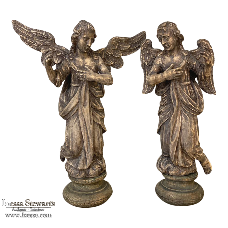 Pair 18th Century French Hand Carved Wood Angels