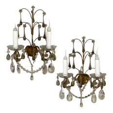 Pair Antique Italian Neoclassical Brass & Crystal Wall Sconces