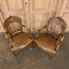 Pair Antique French Louis XV Fruitwood Armchairs with Leather & Cane