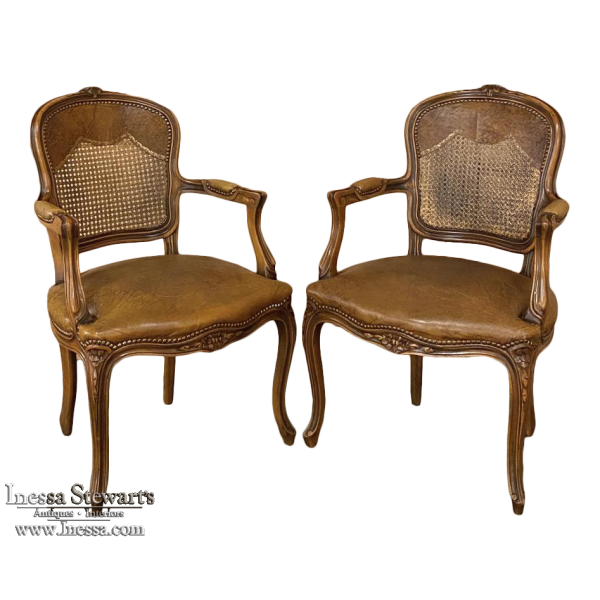 Pair Antique French Louis XV Fruitwood Armchairs with Leather & Cane