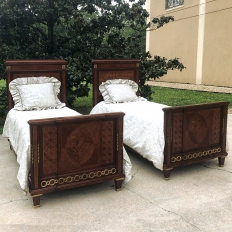 Pair Antique French Louis XVI Mahogany Marquetry Twin Beds with Bronze Ormolu