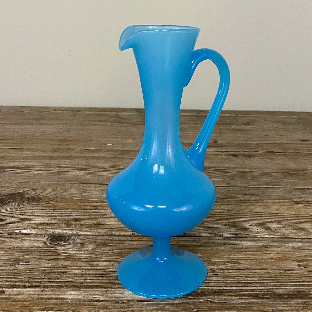 Mid-Century Hand-Blown French Blue Opaline Glass Ewer