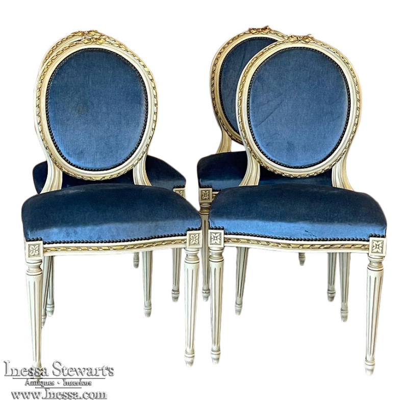 Set of 4 Antique French Louis XVI Painted Salon Chairs with Mohair