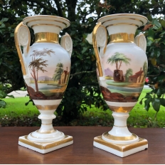 PAIR Early 19th Century French Vieux Paris Hand-Painted Porcelain Vases