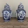 Pair 19th Century Delft Blue & White Lidded Urns