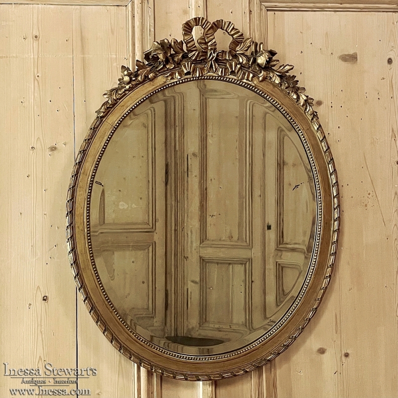 Antique French Louis XVI Carved Giltwood Oval Beveled Mirror