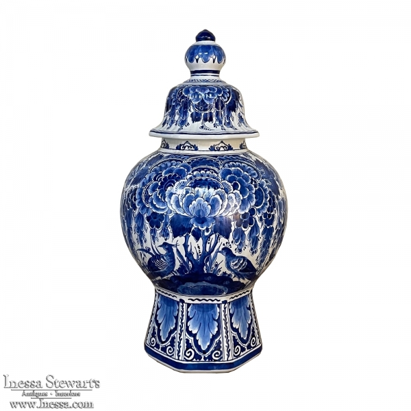 19th Century Delft Hand-Painted Blue & White Urn with Lid