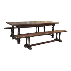 Antique Country French Farm Table with Two Benches