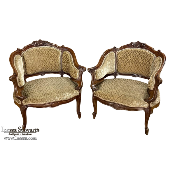 Pair 19th Century French Louis XV Walnut Bergeres ~ Armchairs