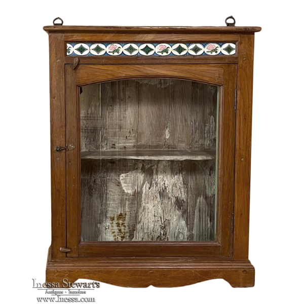 Antique Arts & Crafts Wall Cabinet with Hand-Painted Tiles