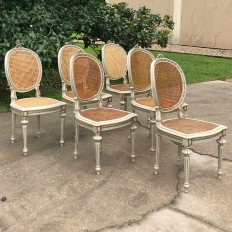Set of 6 Antique French Louis XVI Painted & Caned Dining Chairs