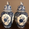 Pair Antique Delft Blue & White Transferware Lidded Vases