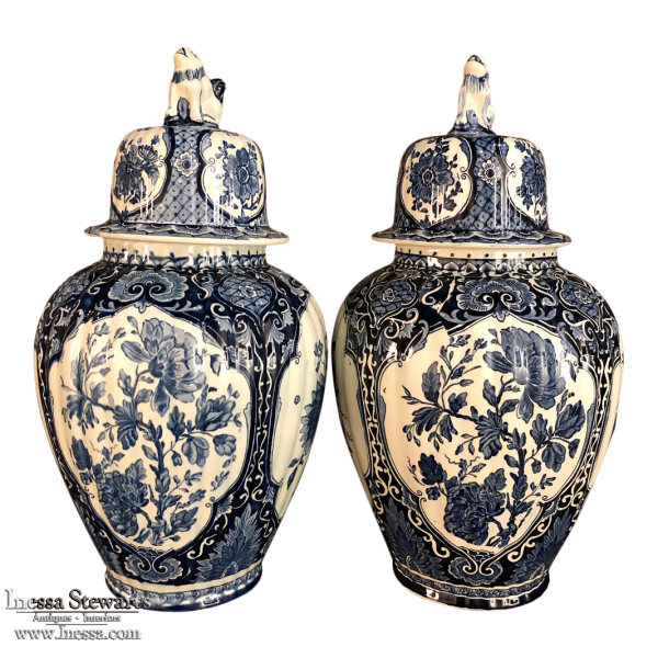 Pair Antique Delft Blue & White Transferware Lidded Vases
