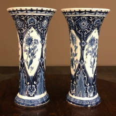 Pair Antique Delft Blue & White Transferware Flower Vases