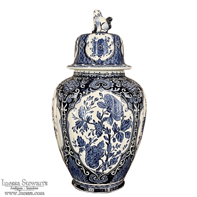 19th Century Delft Blue & White Transferware Lidded Urn