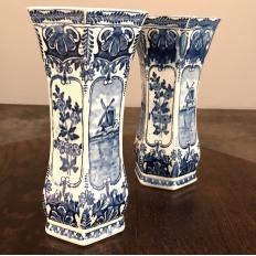 Pair Antique Boch Hand-Painted Blue & White Vases