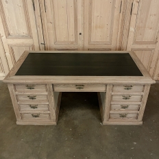 Antique English Executive Desk with Faux Leather in Stripped Pine