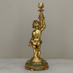 Antique Bronze D'Ore Cherub Statue on Onyx Candlestick