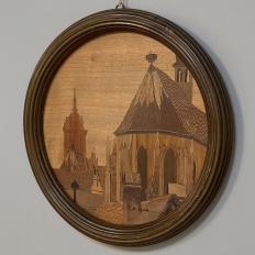 Antique Framed Inlaid Wood Cityscape ~ Signed