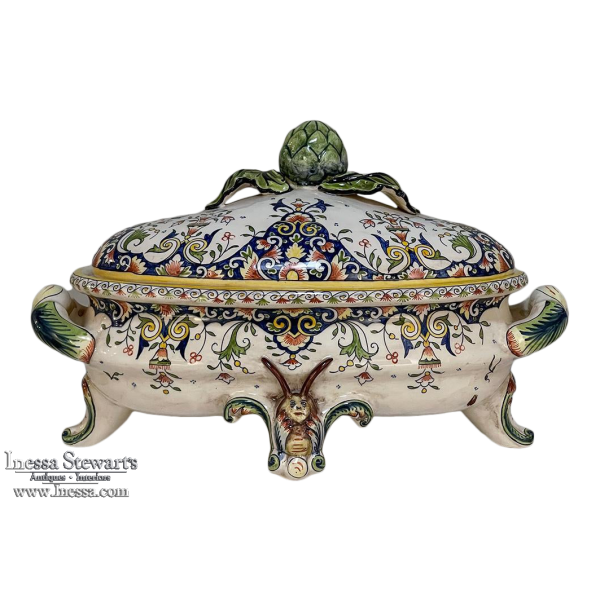 19th Century French Faience Hand-Painted Soup Tureen