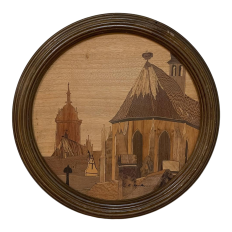 Antique Framed Inlaid Wood Cityscape ~ Signed