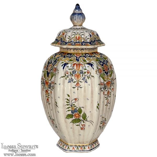 19th Century French Faience Hand-Painted Lidded Vase ~ Urn