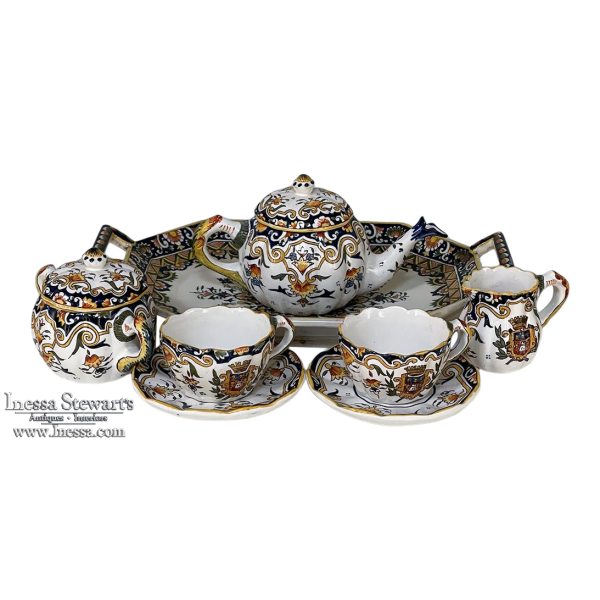 19th Century French Faience 8 piece Hand-Painted Tea Service