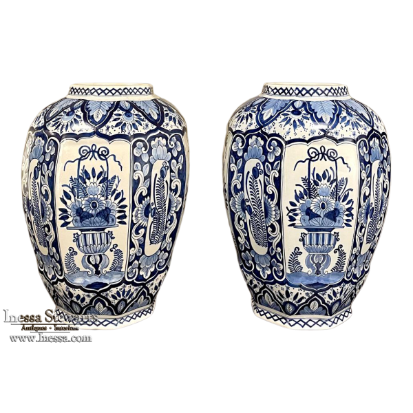Pair 19th Century Boch Hand-Painted Blue & White Vases