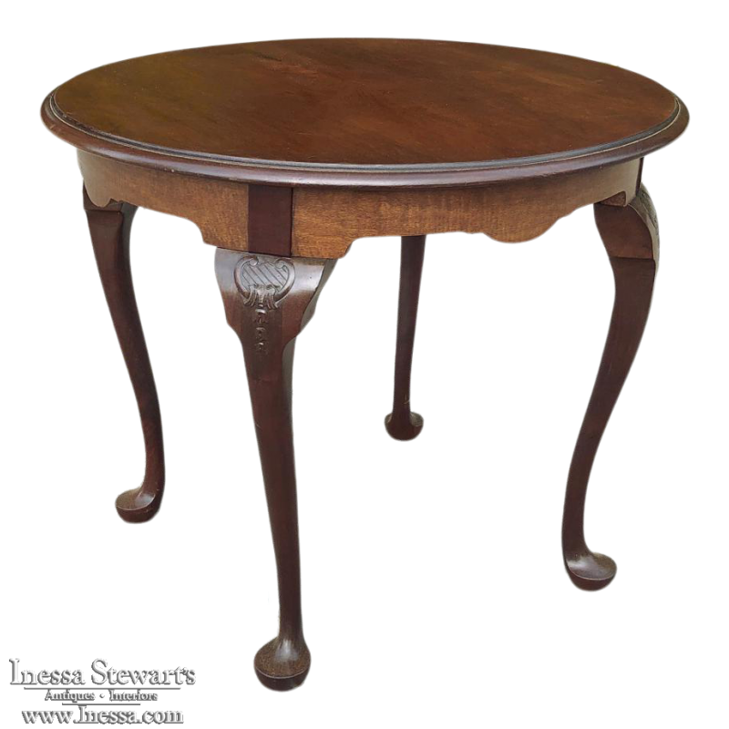 Antique English Queen Anne Round End Table, Queen Anne End Tables