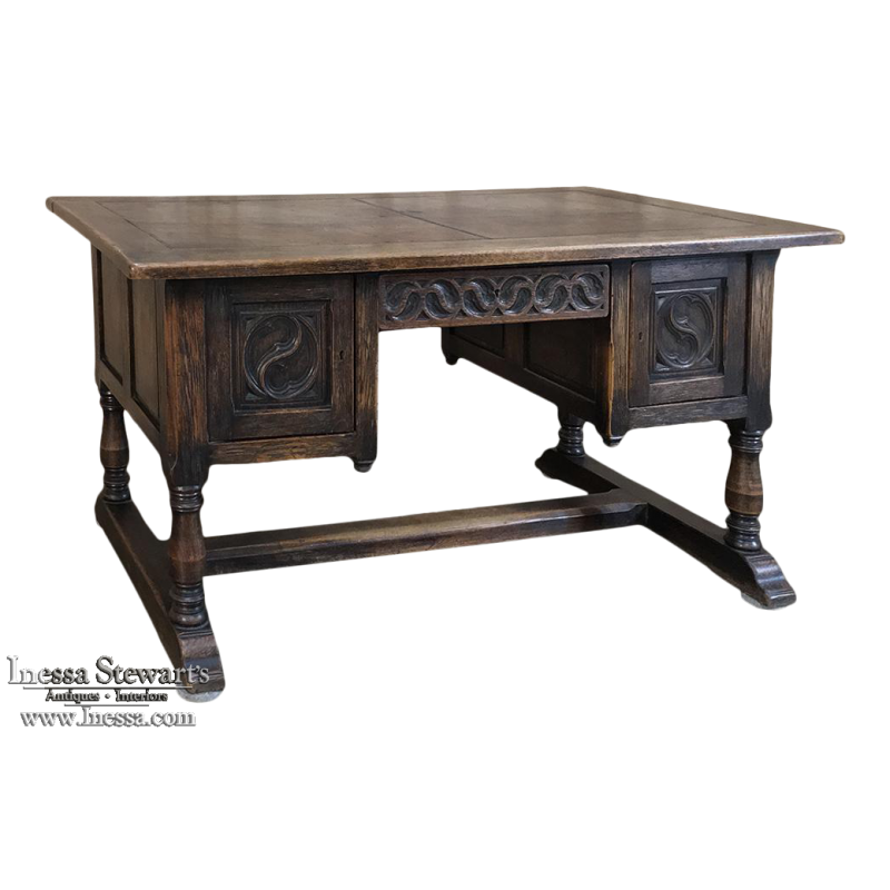 Antique Gothic Oak Desk with Leather Top