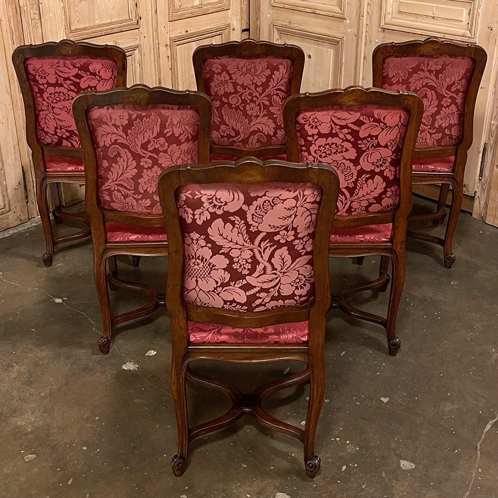 Set of 6 French Louis XV Antique Carved Walnut Dining Chairs, New Upholst