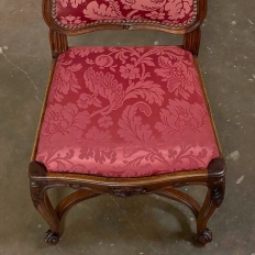 Set of 6 Antique French Louis XV Walnut Dining Chairs with Silk Damask