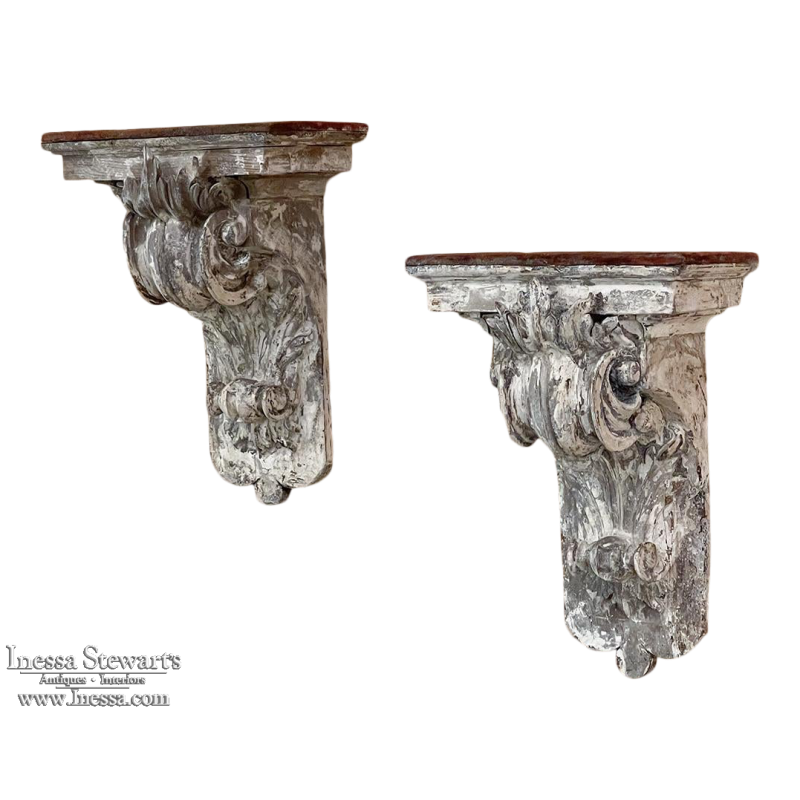 Pair 19th Century French Neoclassical Hand-Carved Painted Wall Sconces ~ Corbels