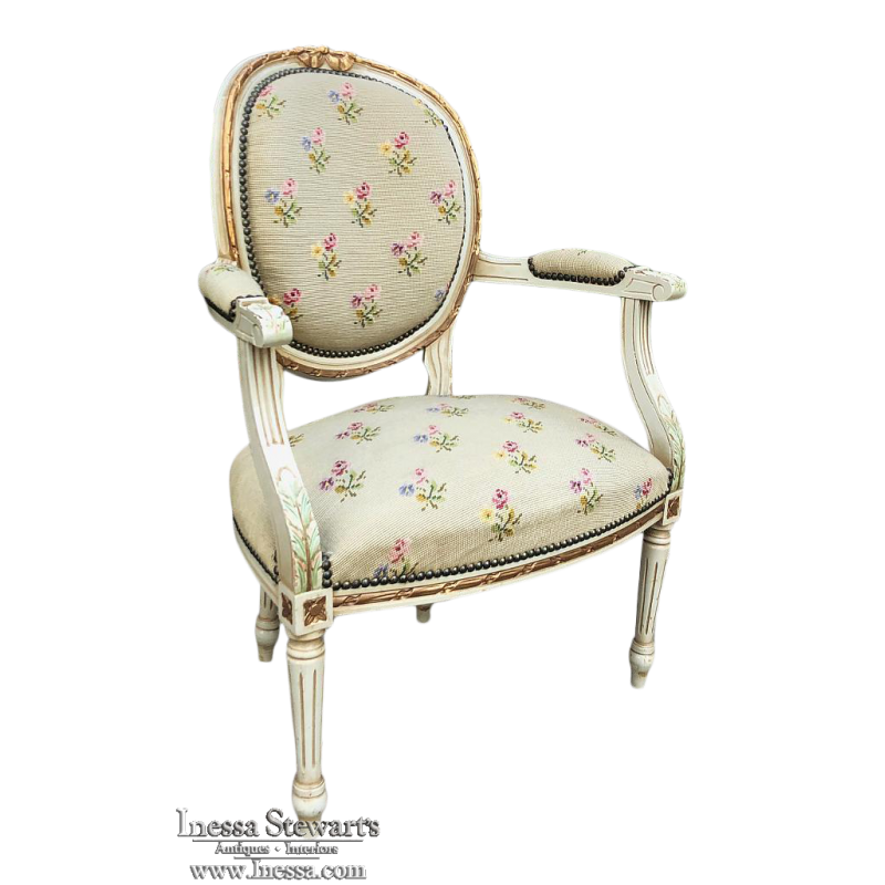 19th Century French Louis XVI Painted Needlepoint Armchair