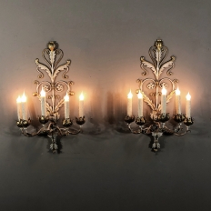 Pair Antique Italian Wrought Iron Painted Electrified Wall Sconces