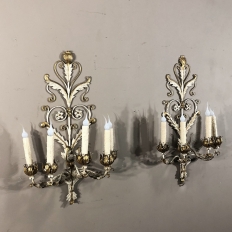 Pair Antique Italian Wrought Iron Painted Electrified Wall Sconces