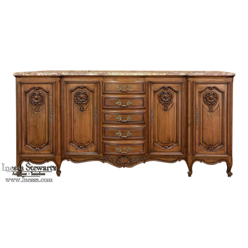 Antique Grand French Regence Marble Top Walnut Buffet