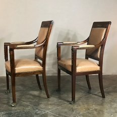 Pair 19th Century French Empire Mahogany Armchairs with Leather & Bronze Mounts