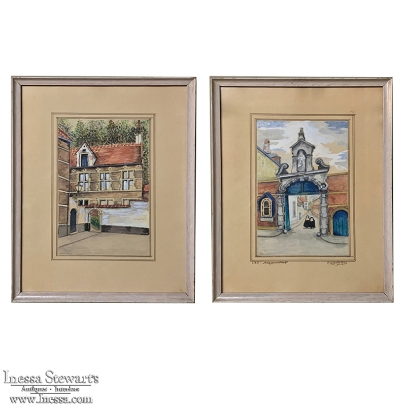 Pair Mid-Century Framed Ink and Watercolor Signed Paintings by H.Goyvaerts