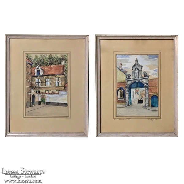 Pair Mid-Century Framed Ink and Watercolor Signed Paintings by H. Goyvaerts