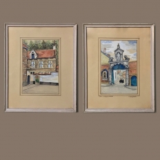 Pair Mid-Century Framed Ink and Watercolor Signed Paintings by H.Goyvaerts
